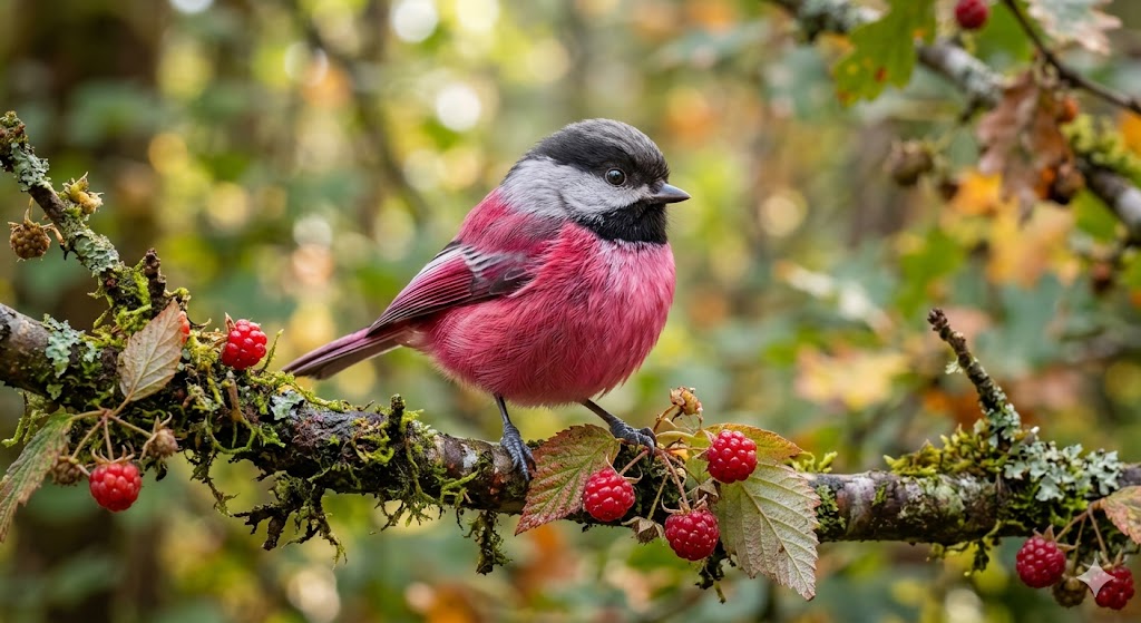 A grey-headed bird with a raspberry-pink chest perched on a mossy branch surrounded by raspberries.